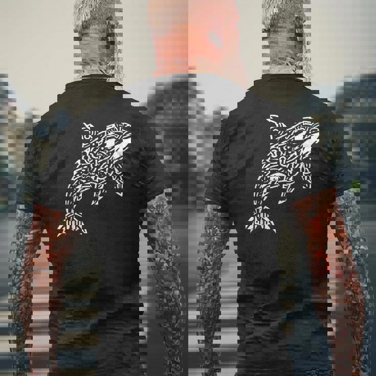 トライバル シャチ クジラ ハワイアン マオリ タトゥー オーシャン アート デザイン メンズTシャツ バックプリント 高齢者への贈り物