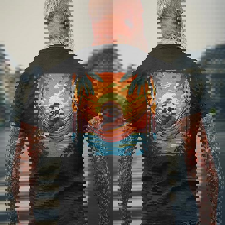 ナマケモノ ハンモック トロピカル サンセット リラクゼーション ヤシの木 平和 長袖tシャツ メンズTシャツ バックプリント 高齢者への贈り物