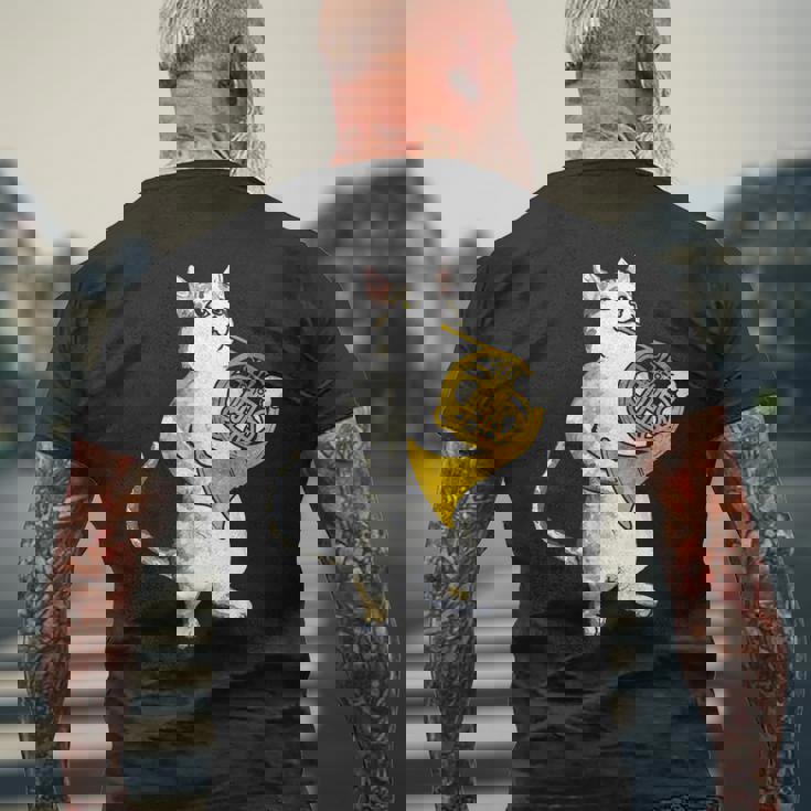 フレンチホルン音楽家オーケストラ音楽を奏でるクールな猫 メンズTシャツ バックプリント 高齢者への贈り物