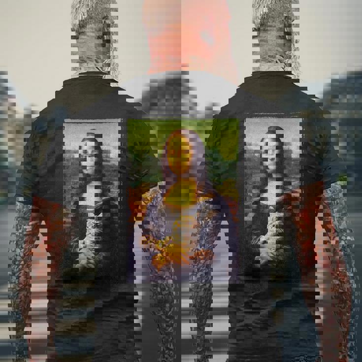 モナリザ と 猫 美術 教師 絵画 と 猫 恋人 メンズTシャツ バックプリント 高齢者への贈り物