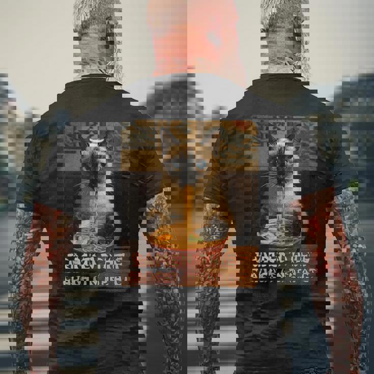 ラーメン猫 シャム猫 ラーメンを食べるラーメン泥棒 グランジ メンズTシャツ バックプリント 高齢者への贈り物