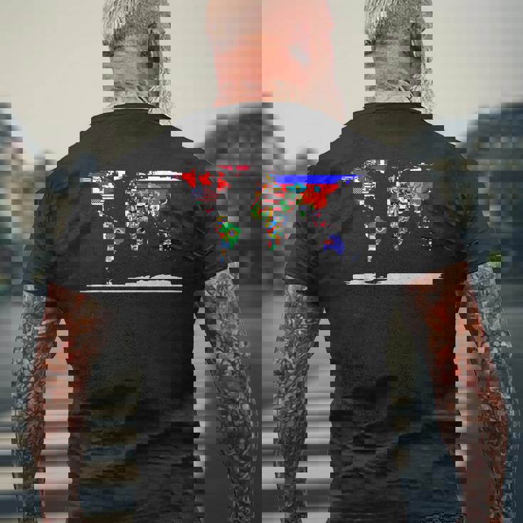 世界地図と世界の国の旗 メンズTシャツ バックプリント 高齢者への贈り物