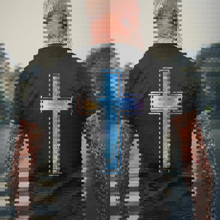 宗教のシルエット 信仰 水彩 キリスト教 十字架 メンズTシャツ バックプリント 高齢者への贈り物