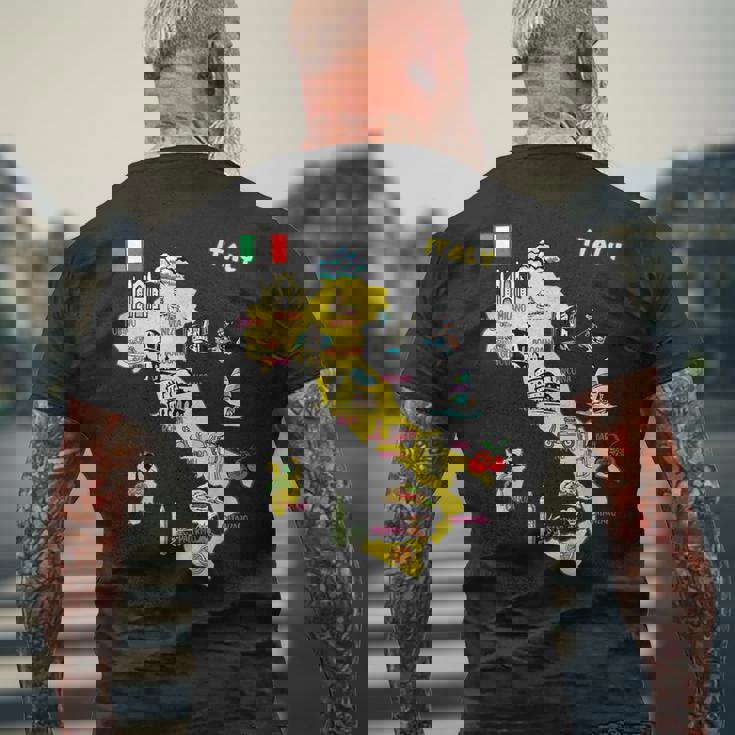 手描きのイタリア地図 観光地 メンズTシャツ バックプリント 高齢者への贈り物