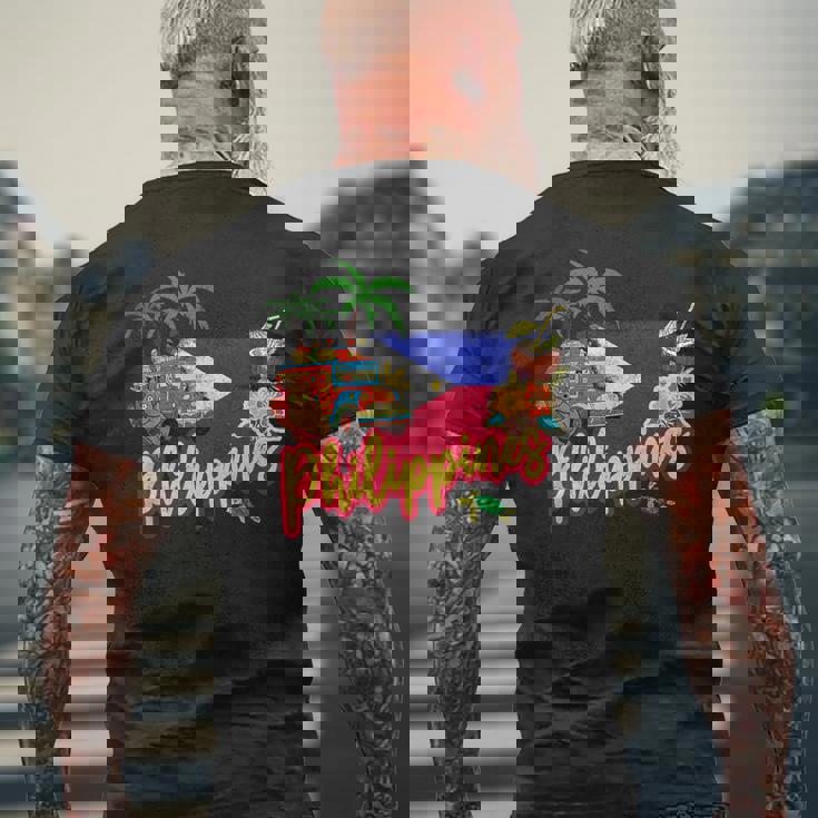 旗のヤシの木のお土産とフィリピンのヴィンテージメガネザル メンズTシャツ バックプリント 高齢者への贈り物