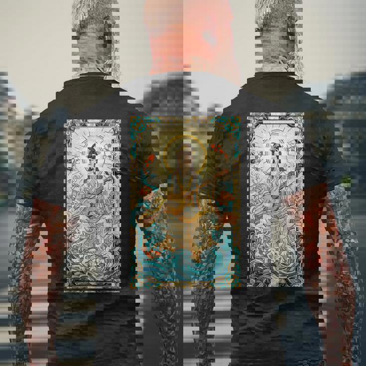 日本神話 音楽 女神弁財天 ステンドグラス メンズTシャツ バックプリント 高齢者への贈り物