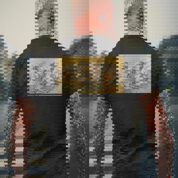 狸 狐 屏風絵 日本画 たぬき きつね メンズTシャツ バックプリント 高齢者への贈り物