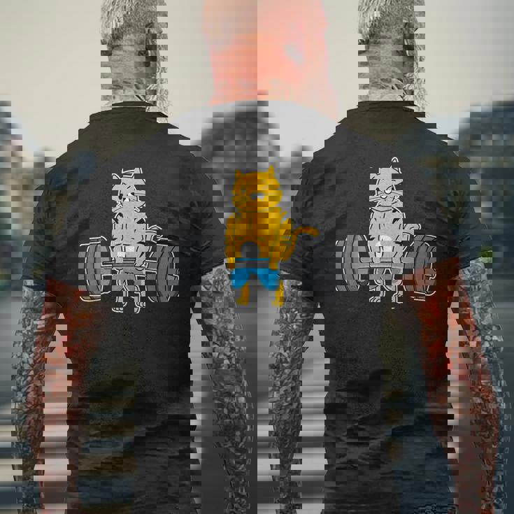 猫 デッドリフト パワーリフティング ウェイトリフティング 猫好き メンズTシャツ バックプリント 高齢者への贈り物