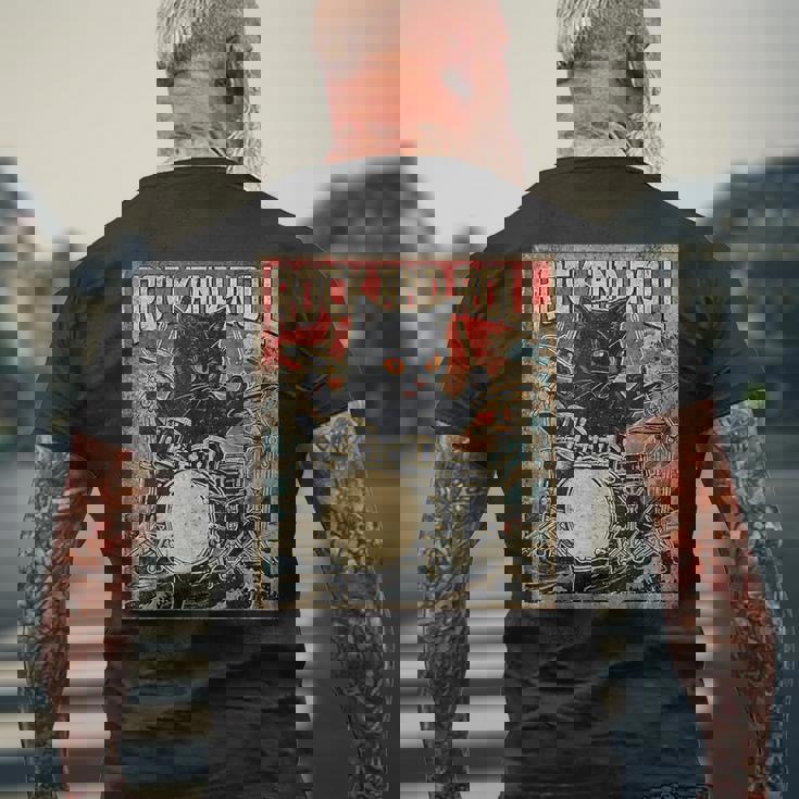 猫 演奏 ドラム ロック オン ヴィンテージ ロック ドラマー 猫 メンズTシャツ バックプリント 高齢者への贈り物