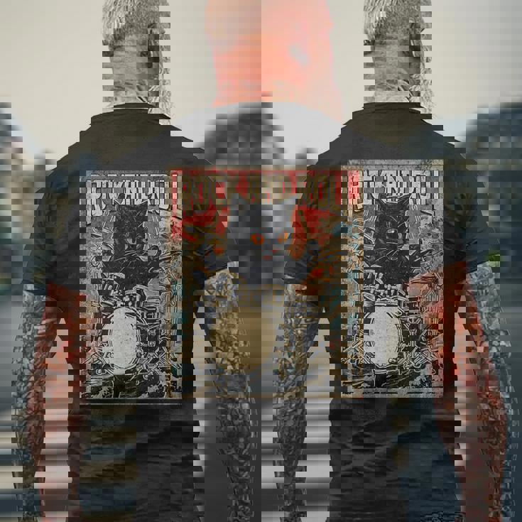 猫 演奏 ドラム ロック オン ヴィンテージ ロック ドラマー 猫 長袖tシャツ メンズTシャツ バックプリント 高齢者への贈り物