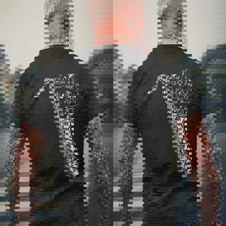 猫とサックス サクソフォン奏者 猫の飼い主 サックス メンズTシャツ バックプリント 高齢者への贈り物