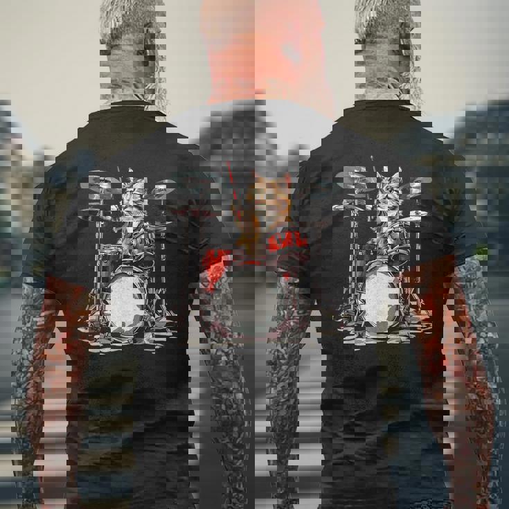 猫太鼓ドラムスティックかわいい猫と音楽 メンズTシャツ バックプリント 高齢者への贈り物