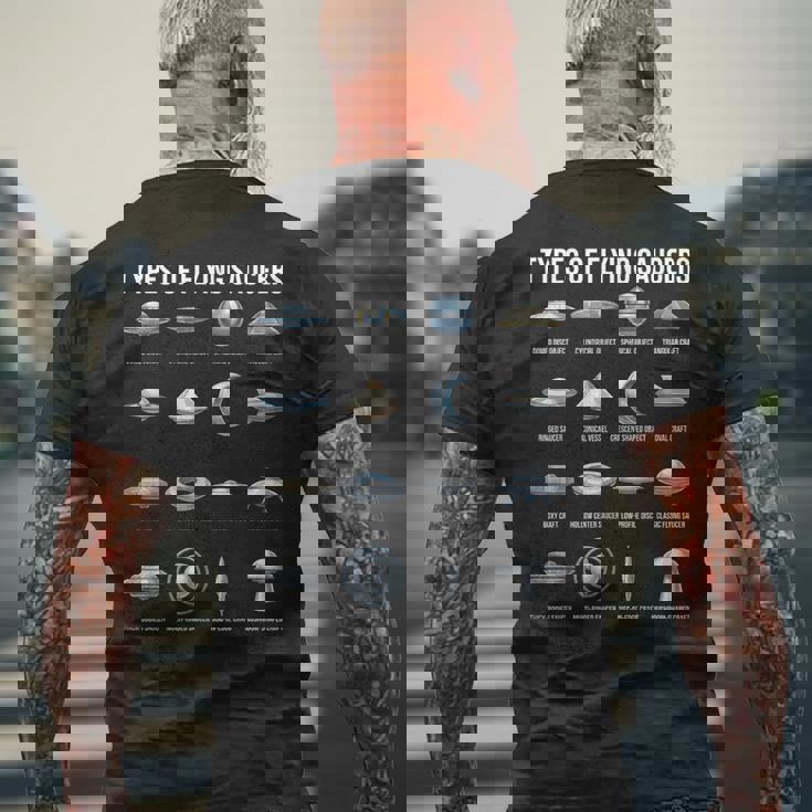 空飛ぶ円盤の種類 Ufo 宇宙人 宇宙好き メンズTシャツ バックプリント 高齢者への贈り物