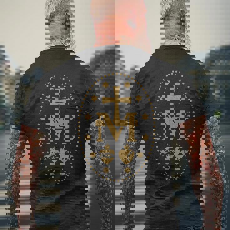 聖母マリアの奇跡のメダル カトリック聖母 メンズTシャツ バックプリント 高齢者への贈り物