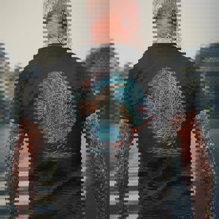 青 円盤魚 アクアリウム フィッシュキーパー メンズTシャツ バックプリント 高齢者への贈り物