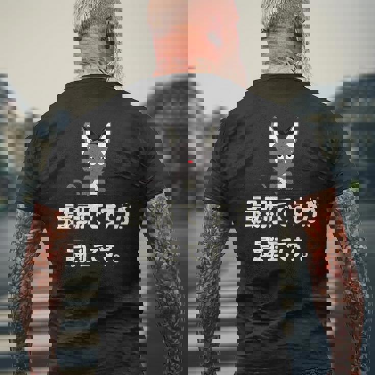 面白い 猫 文字入り 「最弱ですが最狂です。」おもしろギャグ-ジョーク 漢字 最弱ですが最狂です。 メンズTシャツ バックプリント 高齢者への贈り物