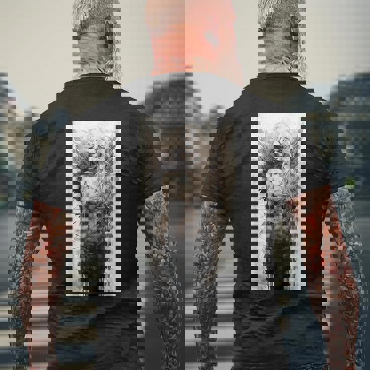 黒と白の天使 クラシックヴィンテージアート メンズTシャツ バックプリント 高齢者への贈り物