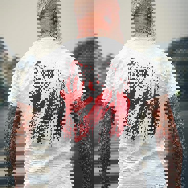 I'm Ok シャツ 血まみれ シャツ 手 血のはね 血 ステンド メンズTシャツ バックプリント 高齢者への贈り物