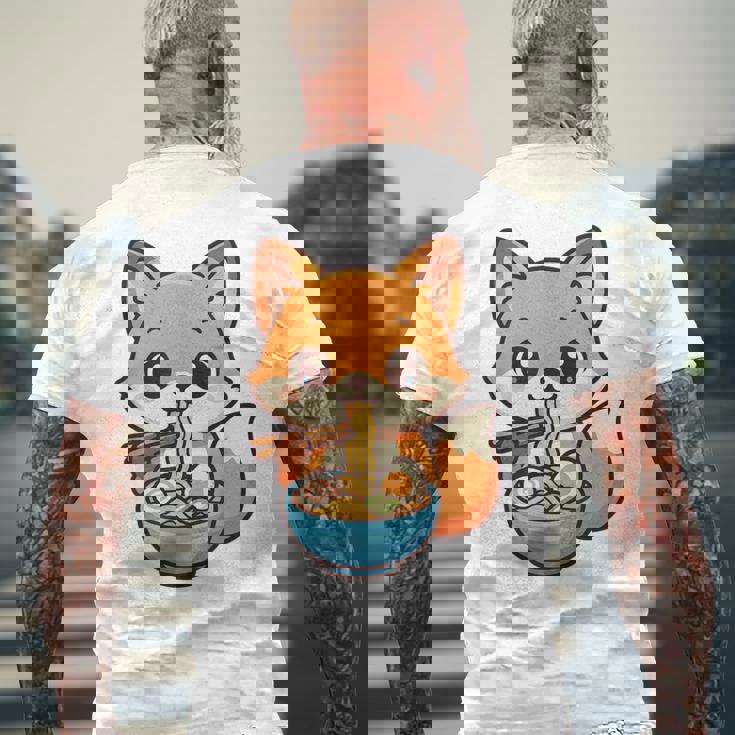 かわいいキツネを食べるラーメンかわいい動物アート メンズTシャツ バックプリント 高齢者への贈り物