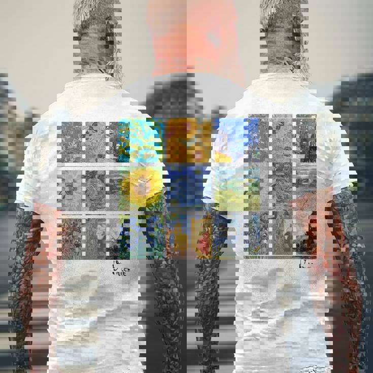 ひまわりと星月夜のゴッホ絵画コラージュ メンズTシャツ バックプリント 高齢者への贈り物