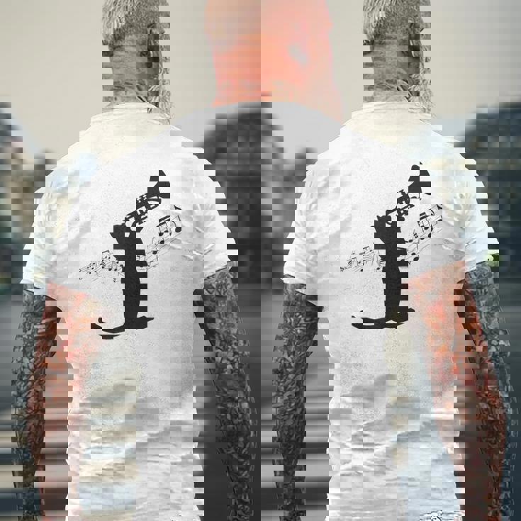 トランペット奏者猫 メンズTシャツ バックプリント 高齢者への贈り物