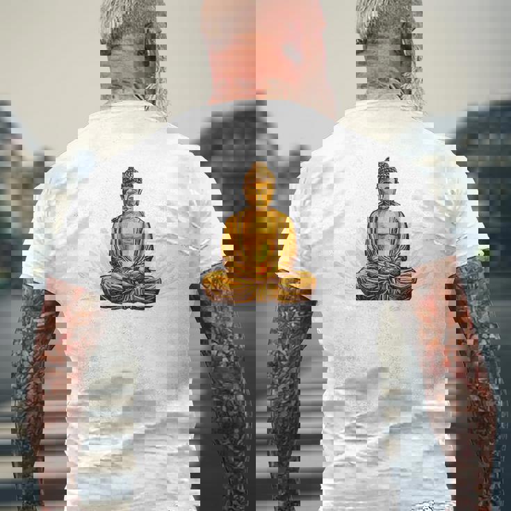 ブッダ 国際ヨガデー バックプリント メンズTシャツ バックプリント 高齢者への贈り物