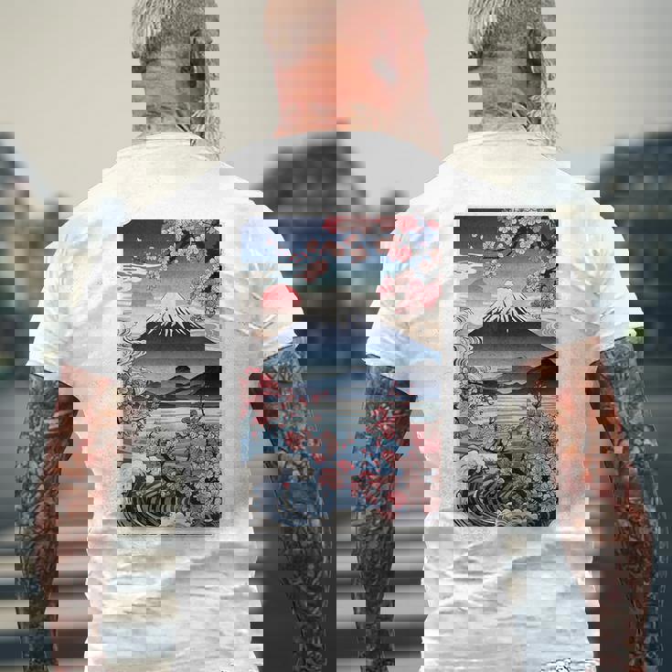 日本の桜庭 芸者 富士山 桜 木 メンズTシャツ バックプリント 高齢者への贈り物