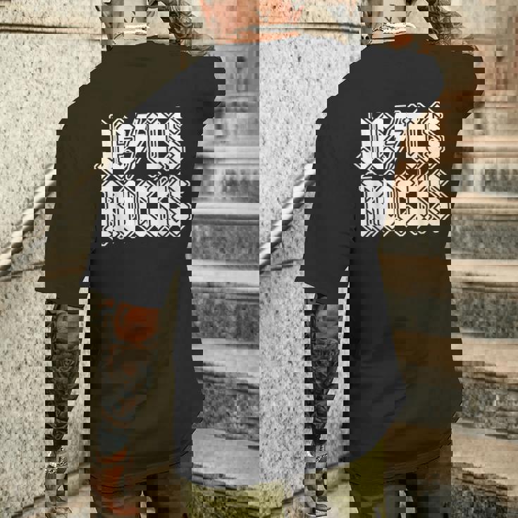 Jesus Rocks Funny Christian Rocker Jesus Rocks Men's Back Print T-Shirt Gifts for Him