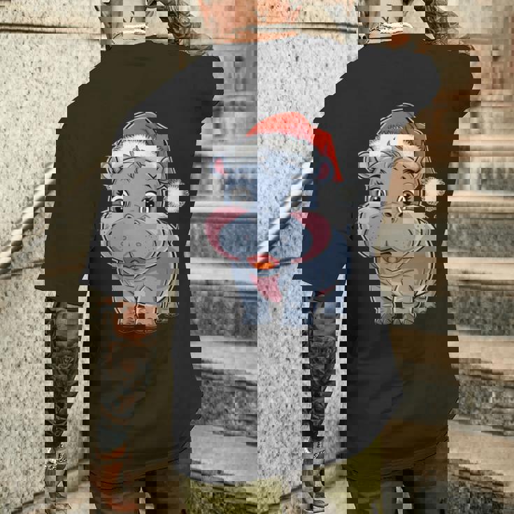 Joli Petit Hippopotame Chapeau De Père Noël Coloré Amusant Manche Longue T-shirt imprimé au dos Cadeaux pour lui