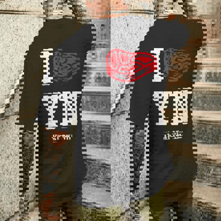 I Love Yakiniku Bbq 日本バーベキュー グルメ ユーモア ガールズ 大 メンズTシャツ バックプリント 彼への贈り物