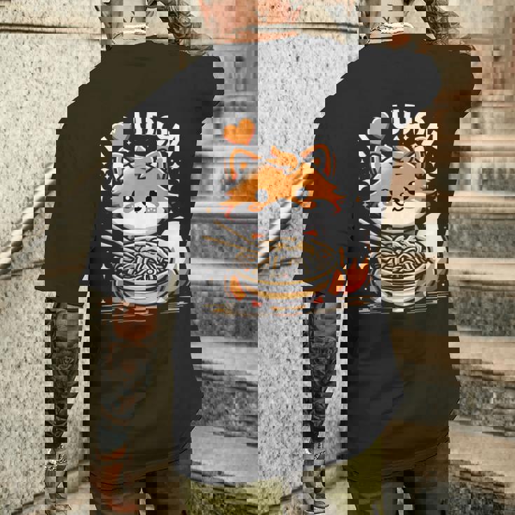 うどんが大好き カワイイきつねとうどん麺 メンズTシャツ バックプリント 彼への贈り物