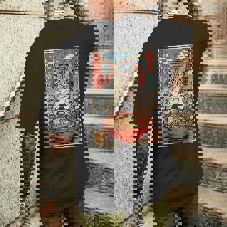 かわいい カワイイ ゲーマー猫 ラーメン ゲーム好き 猫好き向け 面白い デザイン レトロ 和風 日本 アニメ メンズTシャツ バックプリント 彼への贈り物