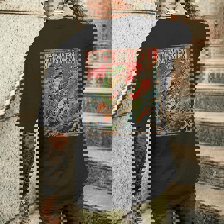 カエル 演奏 ベース ギター ロック オン ヴィンテージ ロック ギタリスト カエル メンズTシャツ バックプリント 彼への贈り物