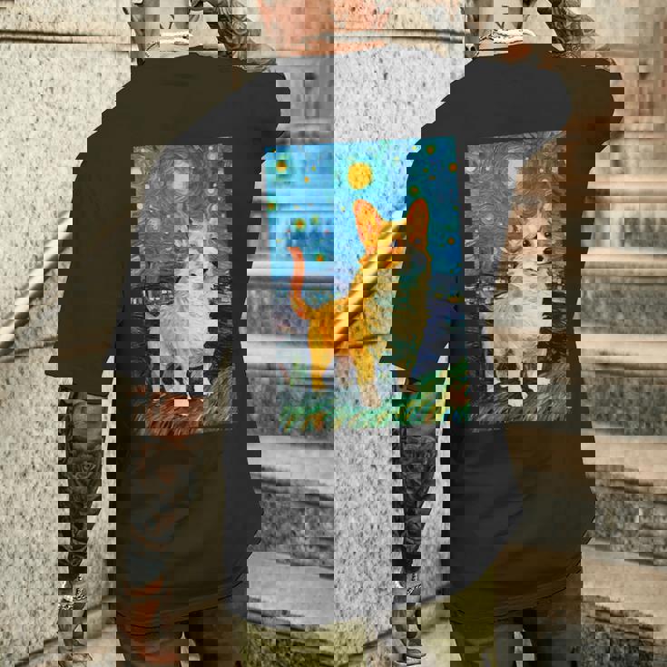 ゴッホ動物アート 動物愛好家のためのかわいいコーギー犬 メンズTシャツ バックプリント 彼への贈り物