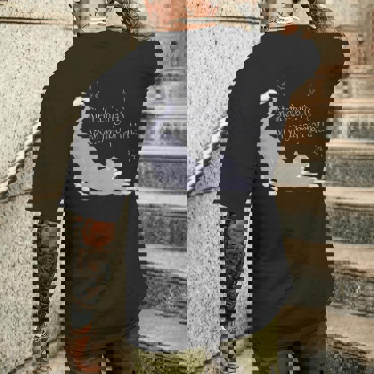 ストレッチは大事！ 猫 ネコ 愛猫 伸び 柔軟 ハチワレ 靴下猫 シンプル かわいい 癒やし メンズ レディース キッズ メンズTシャツ バックプリント 彼への贈り物