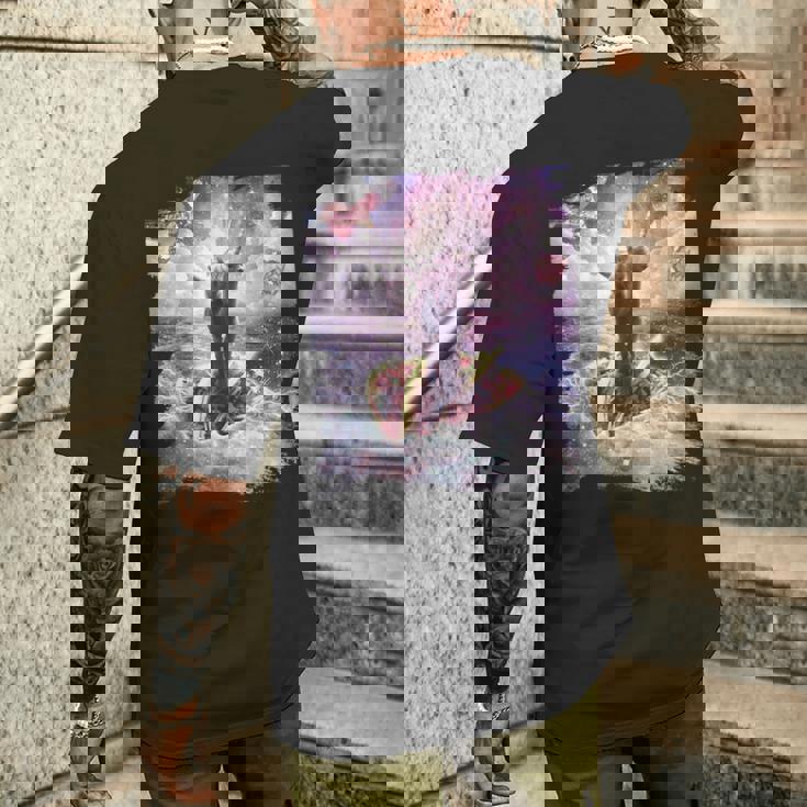 スペースキャットライディングアルパカユニコーン-ピザ＆タコス メンズTシャツ バックプリント 彼への贈り物