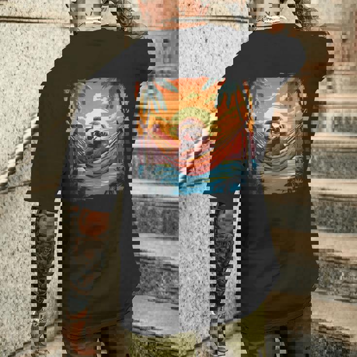 ナマケモノ ハンモック トロピカル サンセット リラクゼーション ヤシの木 平和 長袖tシャツ メンズTシャツ バックプリント 彼への贈り物