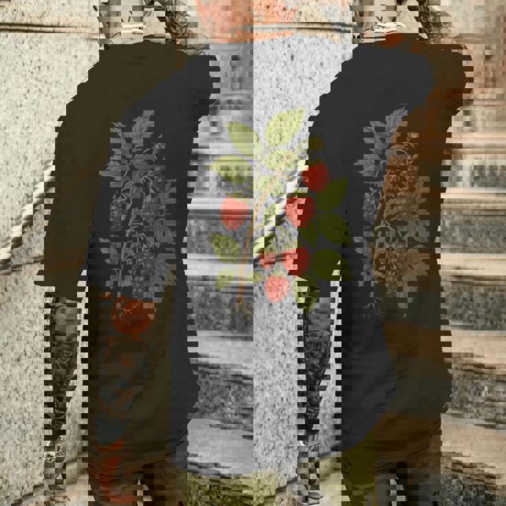 ビンテージボタニカルラズベリー自然アートプリント。 メンズTシャツ バックプリント 彼への贈り物