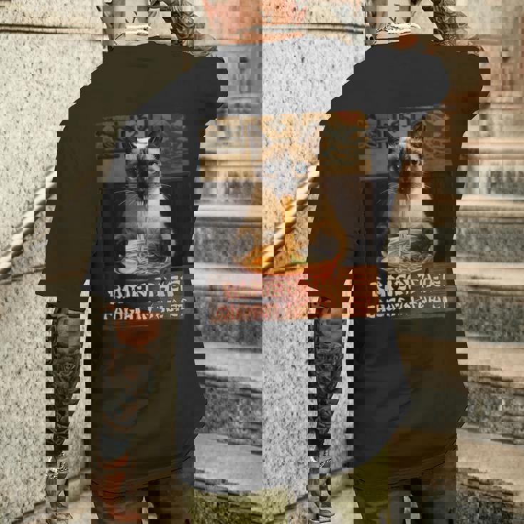 ラーメン猫 シャム猫 ラーメンを食べるラーメン泥棒 グランジ メンズTシャツ バックプリント 彼への贈り物