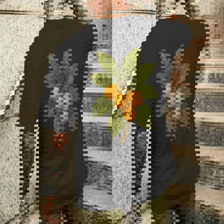 ヴィンテージ ボタニカル ビワ 自然 フルーツ アートプリント メンズTシャツ バックプリント 彼への贈り物