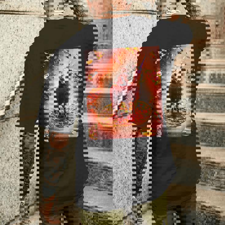 宇宙 猫 ライディング ラマ ユニコーン ピザ メンズTシャツ バックプリント 彼への贈り物