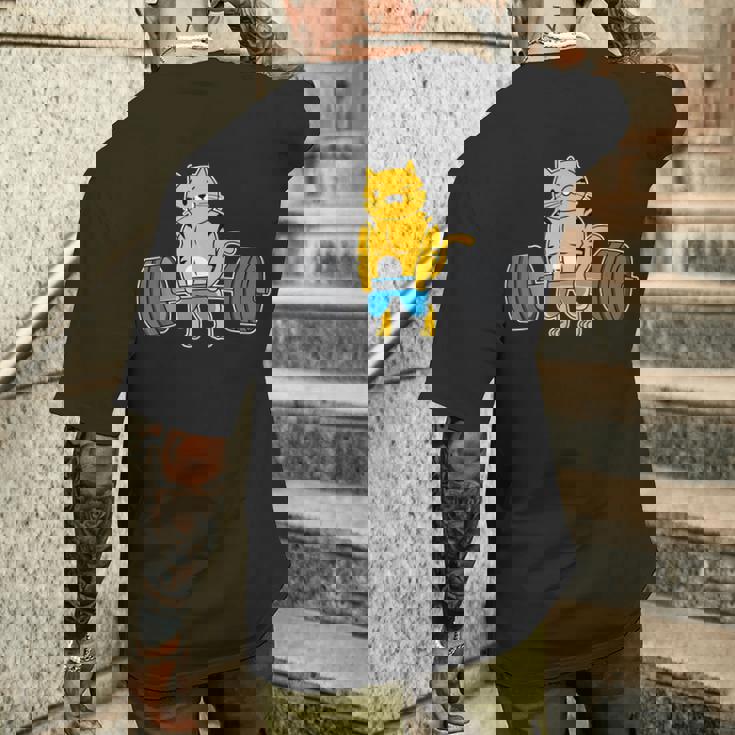 猫 デッドリフト パワーリフティング ウェイトリフティング 猫好き メンズTシャツ バックプリント 彼への贈り物