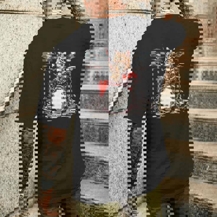 猫太鼓ドラムスティックかわいい猫と音楽 メンズTシャツ バックプリント 彼への贈り物