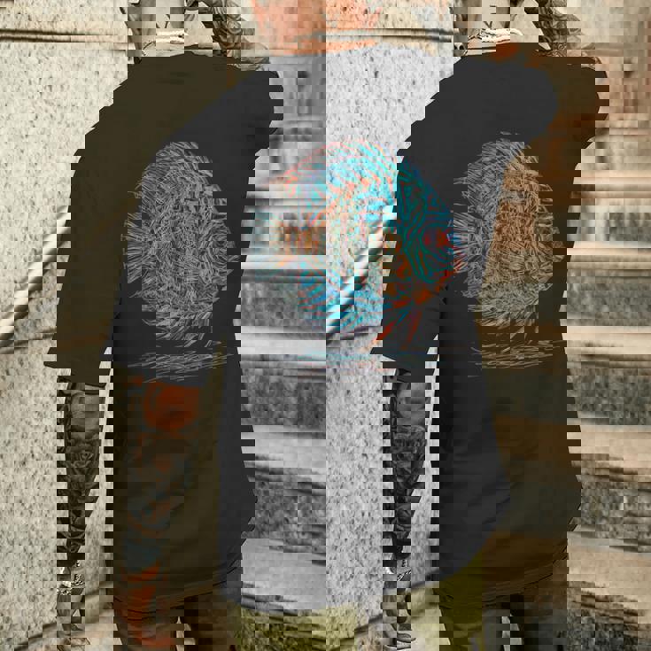 青 円盤魚 アクアリウム フィッシュキーパー メンズTシャツ バックプリント 彼への贈り物