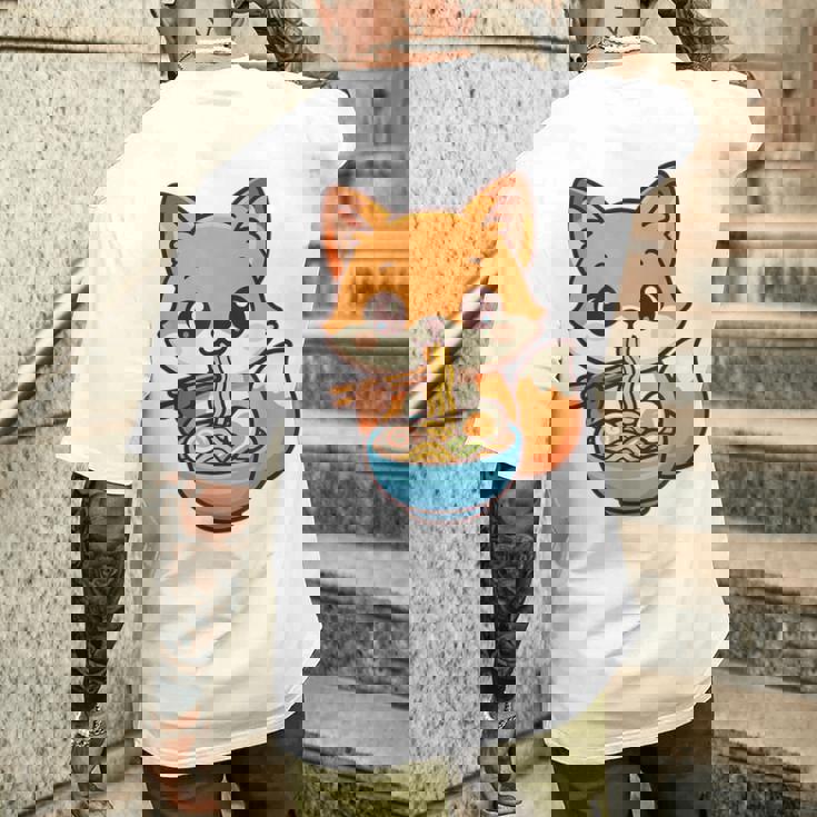 かわいいキツネを食べるラーメンかわいい動物アート メンズTシャツ バックプリント 彼への贈り物