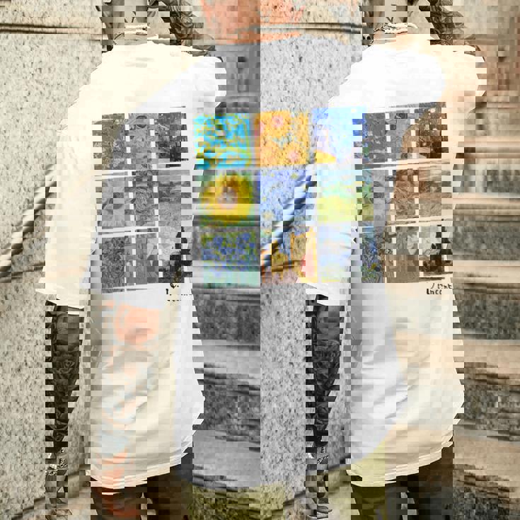 ひまわりと星月夜のゴッホ絵画コラージュ メンズTシャツ バックプリント 彼への贈り物