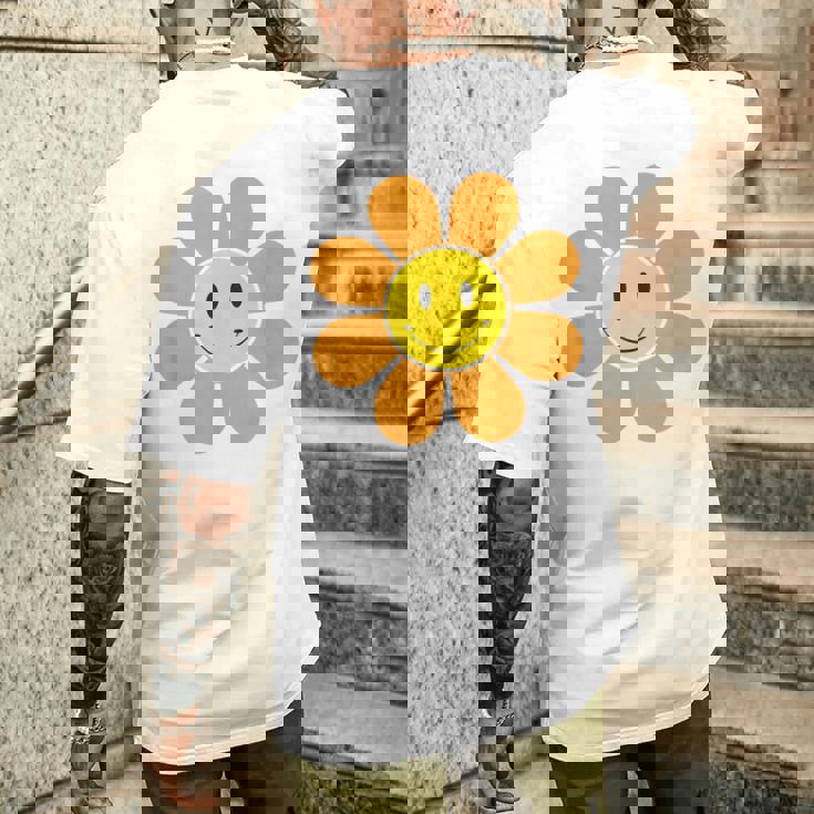 オレンジ70年代レトロファンキーフラワー、イエロースマイルフェイス メンズTシャツ バックプリント 彼への贈り物