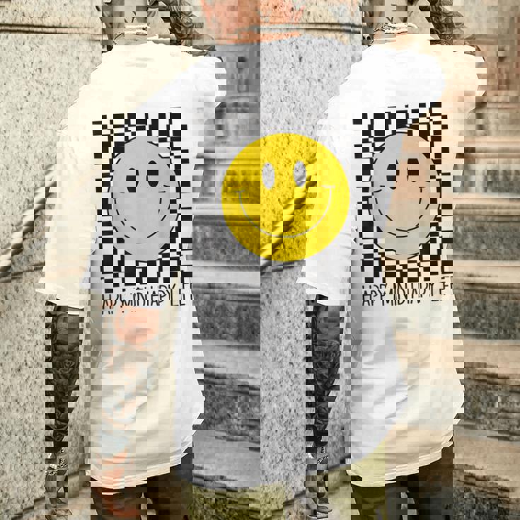 ハッピーマインド ハッピーライフ 70年代 スマイルチェック ハッピースマイルフェイス メンズTシャツ バックプリント 彼への贈り物