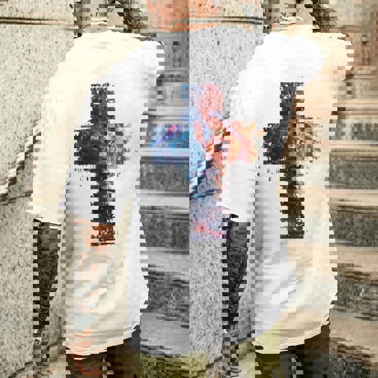 ユダのライオン、イエス・キリストの十字架、キリスト教信仰のグラフィック。 メンズTシャツ バックプリント 彼への贈り物