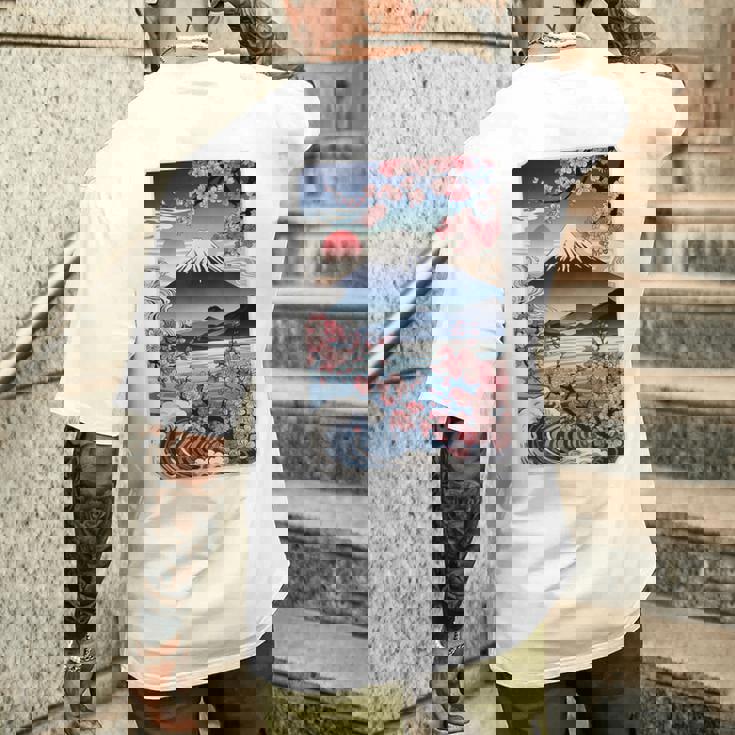 日本の桜庭 芸者 富士山 桜 木 メンズTシャツ バックプリント 彼への贈り物